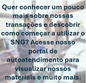 Um texto dizendo: Quer conhecer um pouco mais sobre nossas transações e descobrir como comecar a utilizar o SNG? Acesse nosso portal de autoatendimento para visualizar nossos materiais e muito mais.
