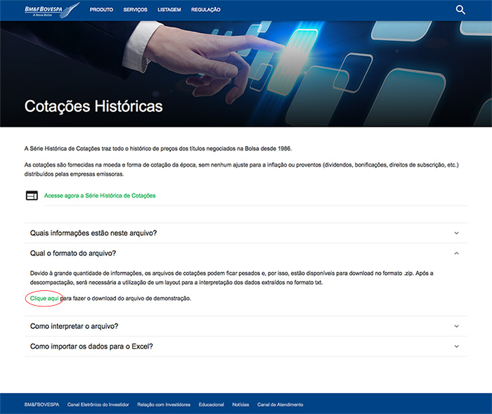 Imagem da tela do site BM&FBOVESPA na seção de cotações Históricas com um círculo em Clique aqui na frase, Clique aqui para fazer o download do arquivo de demonstração