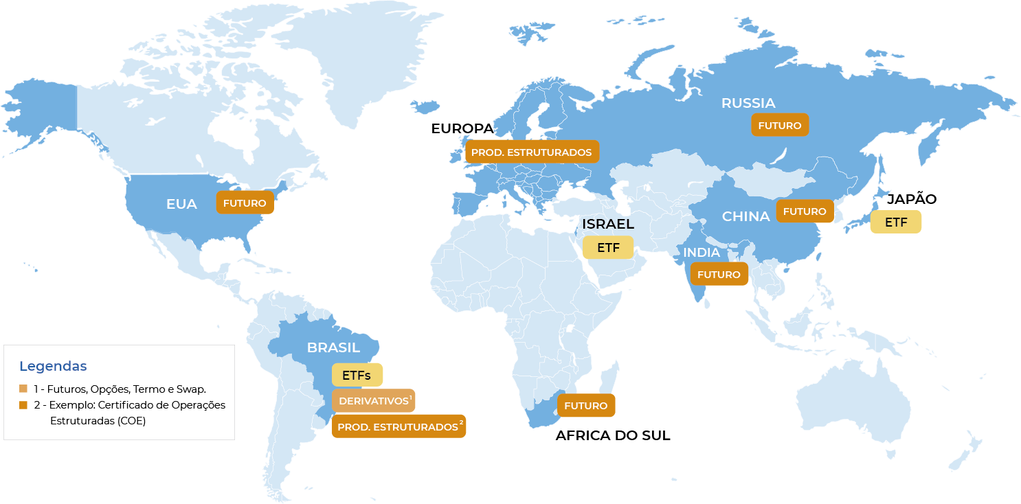 mapa mundi com índices na legenda indicando Futuro para EUA, India, Russia e Africa do Sul. ETF para Brasil, Israel e Japão. Produtos Estruturados para Brasil e Europa. Derivativos para Brasil