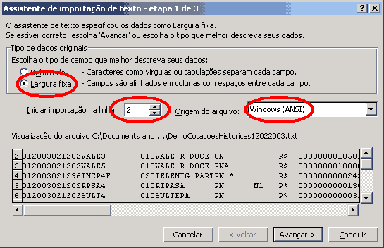 Assistente de importação de texto com as opções Largura Fixa marcada, Iniciar importação na linha 2 e Origem do Arquivo como Windows (ANSI)