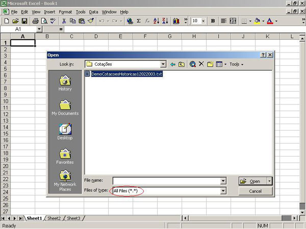 Programa Excel aberto mostrando a seleção do arquivo DemoCotacoesHistoricas2022003.txt