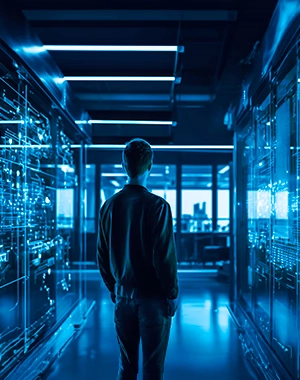 A person looking at a data center