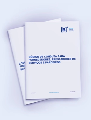 Dois livretos com capas brancas e texto azul. O texto visível na capa diz “CÓDIGO DE CONDUTA PARA FORNECEDORES, PRESTADORES DE SERVIÇOS E PARCEIROS”. O logotipo da “B3” está no canto superior direito. O fundo é claro com tonalidade azulada.