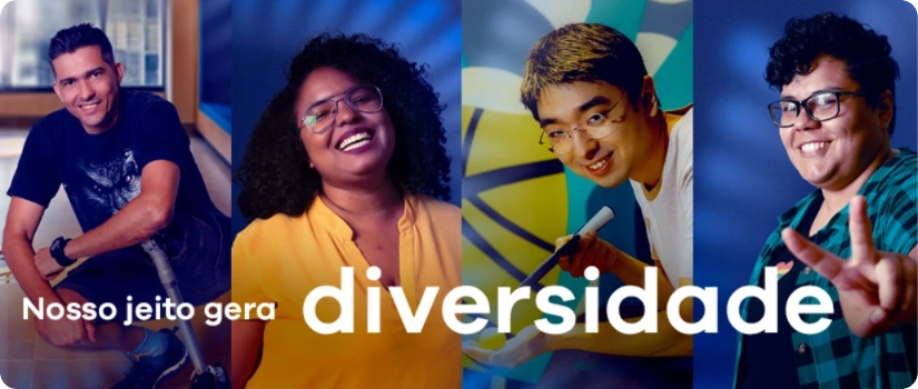 Um grupo de quatro pessoas em fila, cada uma sorrindo para a câmera. O texto da imagem diz “Nosso jeito gera diversidade.