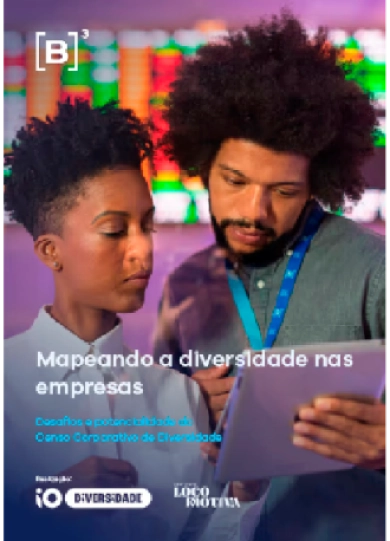 Duas pessoas olhando para um carderno. Está escrito Mapeando a diversidade nas empresas