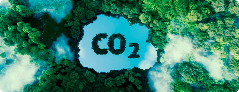 An aerial view of a dense green forest surrounding a clear sky where the leaves form the word 'CO2' in the middle, symbolizing carbon dioxide emissions affecting the environment. White clouds or mist float between the trees.