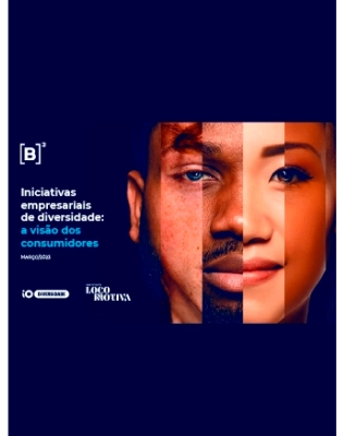 Imagem de rosto dividido de um homem negro à esquerda e uma mulher asiática à direita com texto em português discutindo diversas iniciativas e perspectivas do consumidor. Os logotipos das organizações estão na parte inferior.
