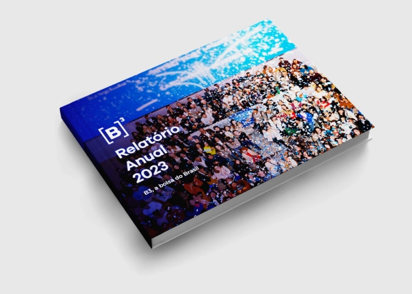 Capa do Relatório Anual 2023 da B3, a bolsa do Brasil, com uma imagem de uma multidão celebrando e um fundo colorido.